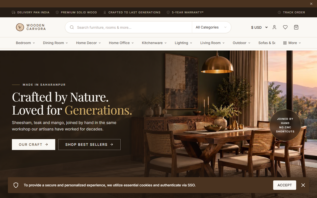 WoodenCarvora solid wood furniture store homepage
